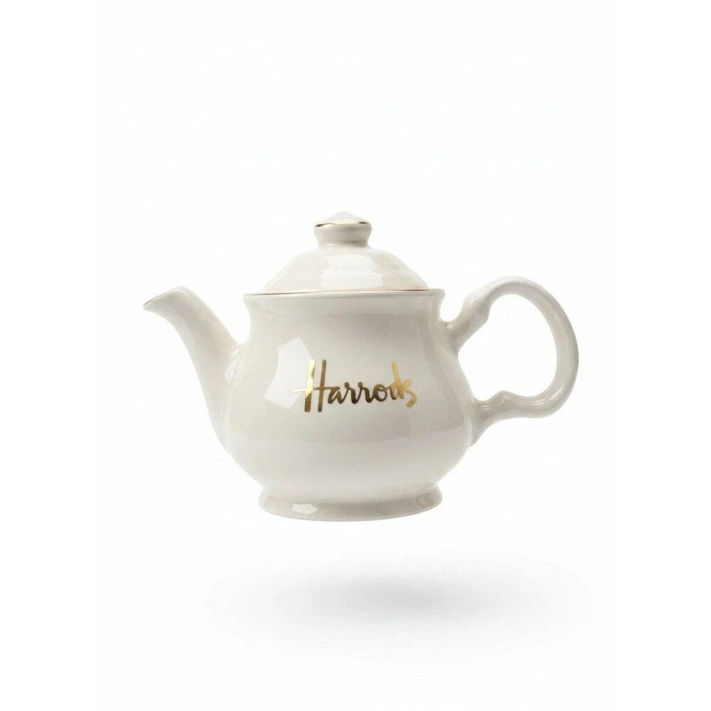 Vintage Harrods Knightsbridge White Ceramic Gold Trim Teapot James Sadler 3”